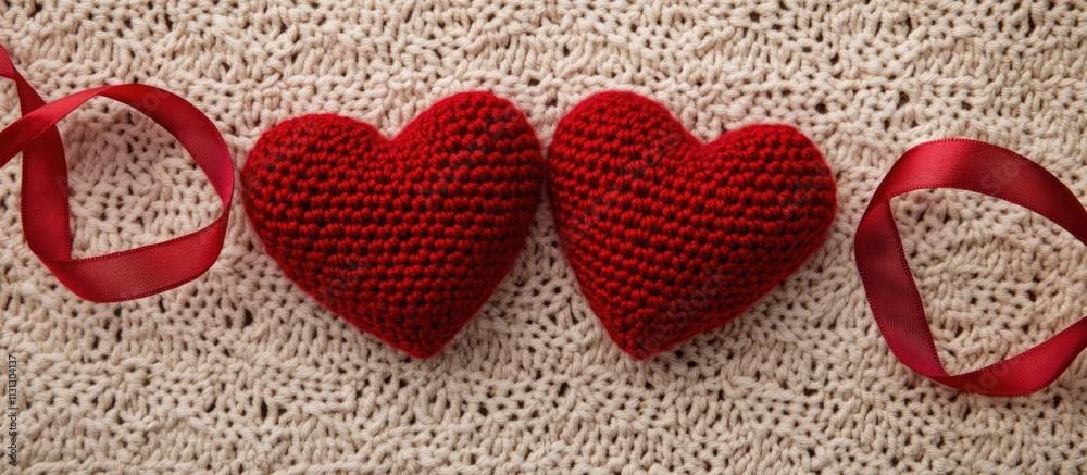 Aufkleber crochet red hearts with ribbon on textured backdrop perfect for romantic celebrations and love theme