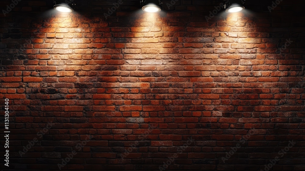 Poster Red brick wall illuminated by spotlights creating an attractive background for various design projects or presentations
