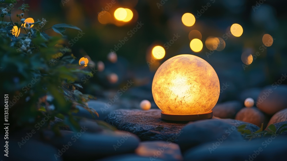 Poster Soft glowing orb light illuminating a serene garden pathway adorned with pebbles and bokeh lights at night.