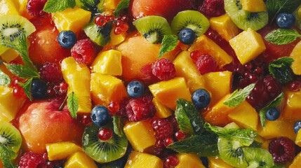 Vibrant fruit and berry salad featuring mango kiwi apple blueberries and fresh mint leaves Healthy colorful diet closeup shot