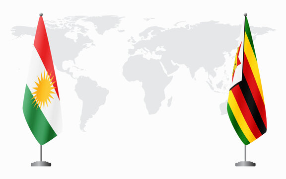 Kurdistan and Zimbabwe flags for official meeting against background of world map.