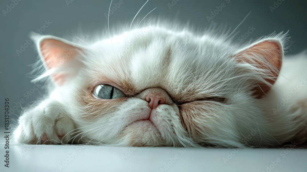 Poster Playful and relaxed white Persian cat lounging with a quirky expression on a soft surface