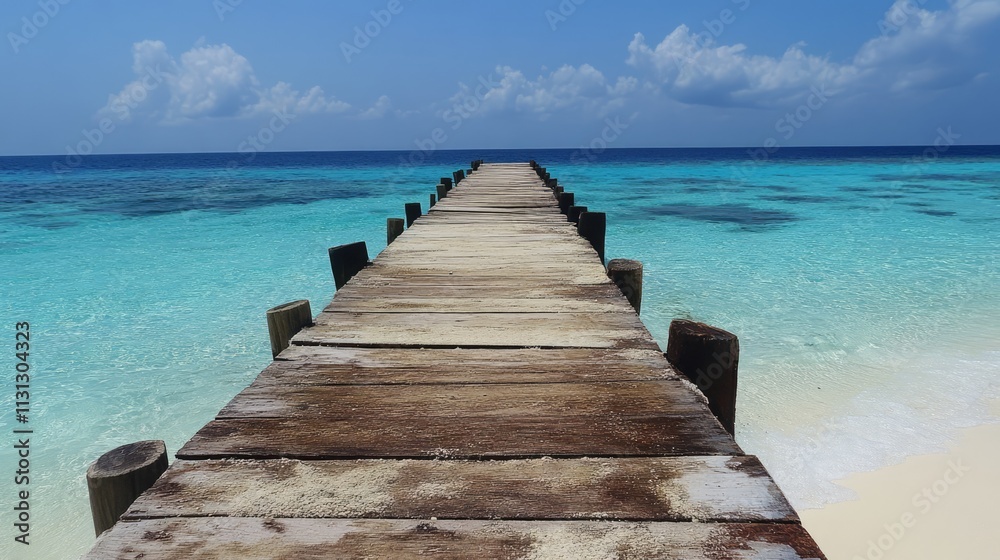 Aufkleber Serene jetty extending over calm turquoise waters with a clear blue sky and distant clouds creating a tranquil beach scene.