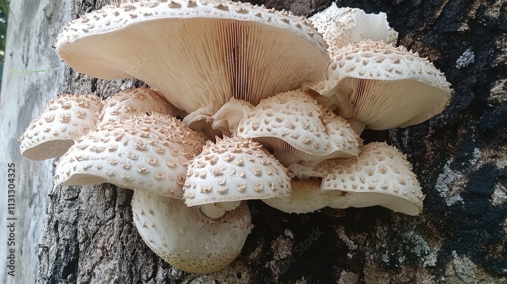 Aufkleber mushrooms thriving on tree bark showcasing unique textures and natural growth patterns in a forest e