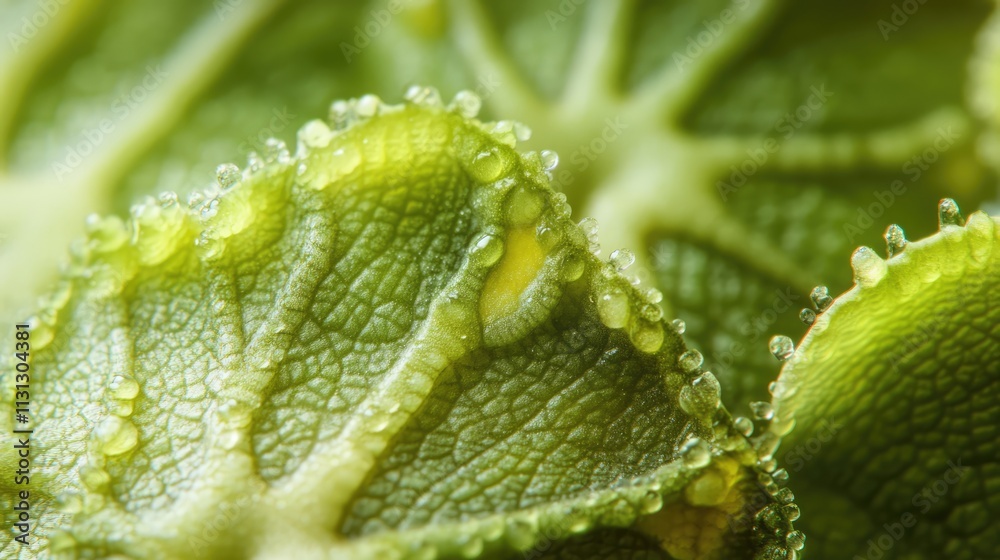 Poster close-up of green leaf with intricate texture and dew droplets showcasing nature's details and beaut