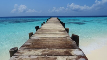 Fototapeta premium Serene jetty extending over calm turquoise waters with a clear blue sky and distant clouds creating a tranquil beach scene.