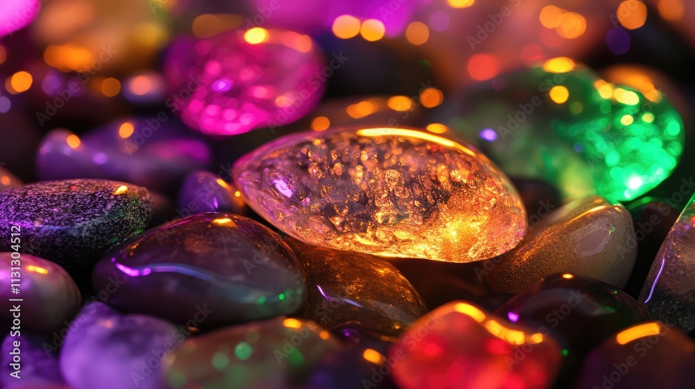 Poster Illuminated multicolored pebbles reflecting light droplets in vibrant shades creating a mesmerizing decorative background aesthetic