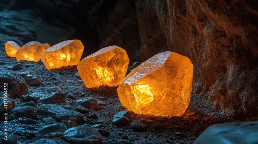Aufkleber illuminated flowstones casting warm glow in a dark cave creating a mystical underground ambiance wit