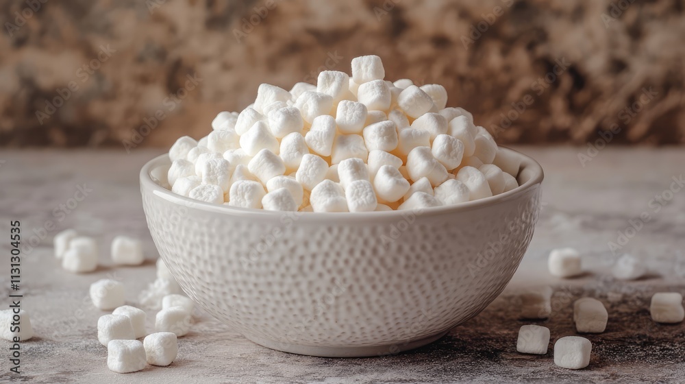 Aufkleber marshmallow cereal piled high in a textured white bowl on a rustic background