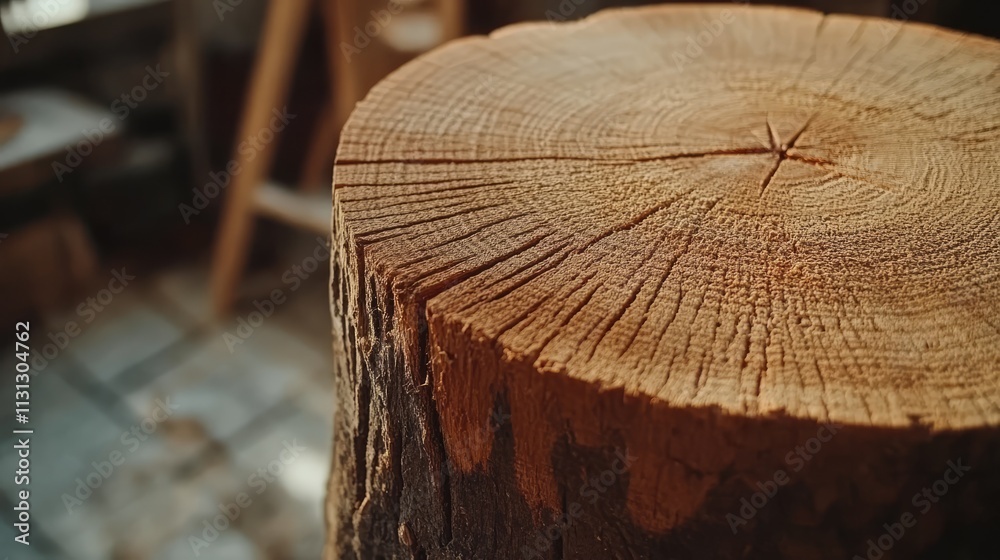Poster Close-up of a weathered oak stump displaying deep saw marks and textured grain patterns in a rustic workshop setting.