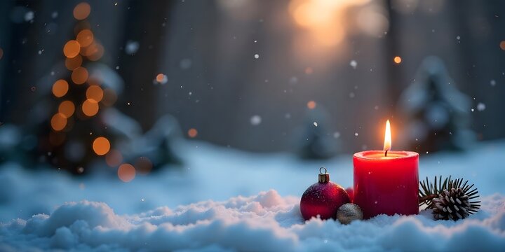 christmas decoration with candles and decorations with copy space gor text,  Festive red candles with holiday decorations and berries, christmas candle on a snow background