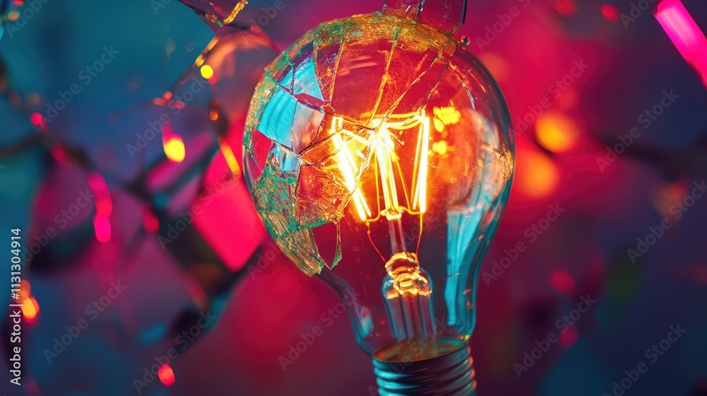 Poster colorful broken light bulb glowing in vibrant hues with blurred festive lights in the background cre