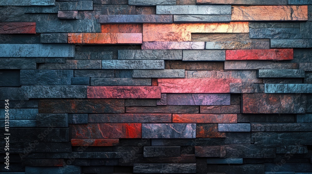 Poster Textured stacked natural stone tiles in multicolored granite for exterior wall cladding and architectural design background and elevation.