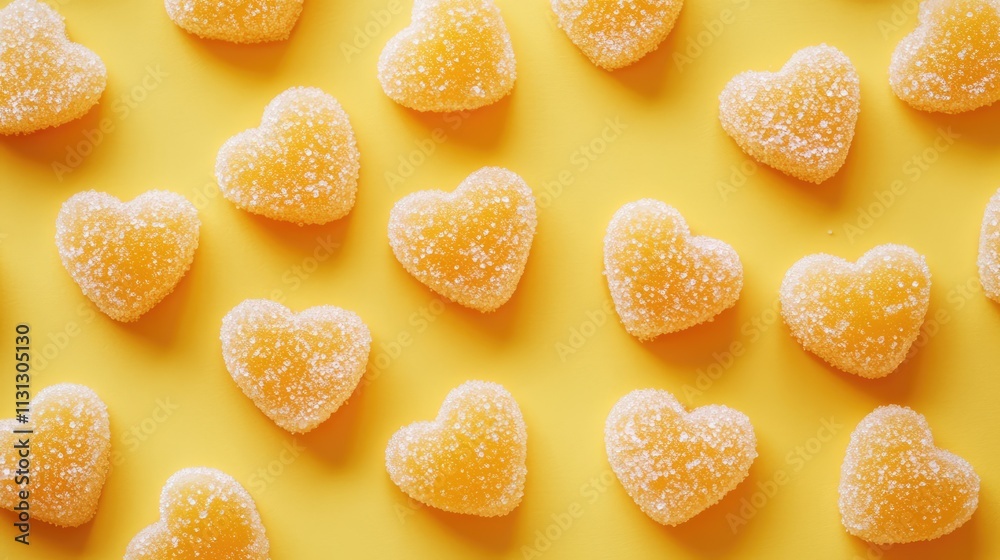 Poster heart-shaped marmalade sweets coated in sugar on a vibrant yellow background creating a cheerful and