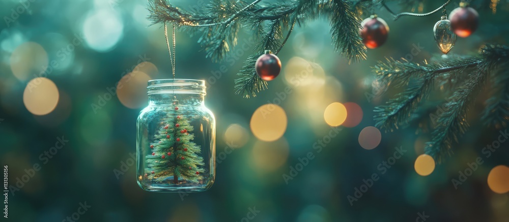 Poster Merry and Happy New Year Small Christmas Tree in Glass Jar Hanging from Pine Branches with Ornaments and Bokeh Background