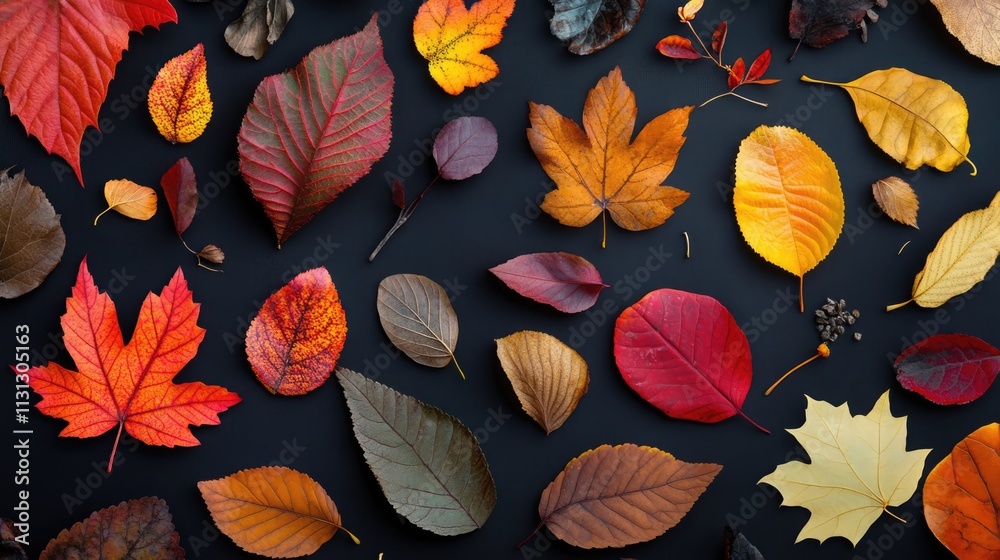 Poster autumn leaves arrangement colorful natural patterns on dark background for seasonal design and decor