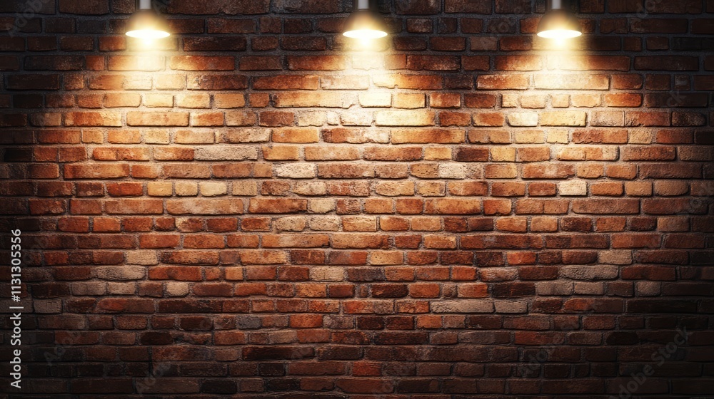 Poster red brick wall illuminated by spotlights creating an artistic and warm ambiance perfect for interior