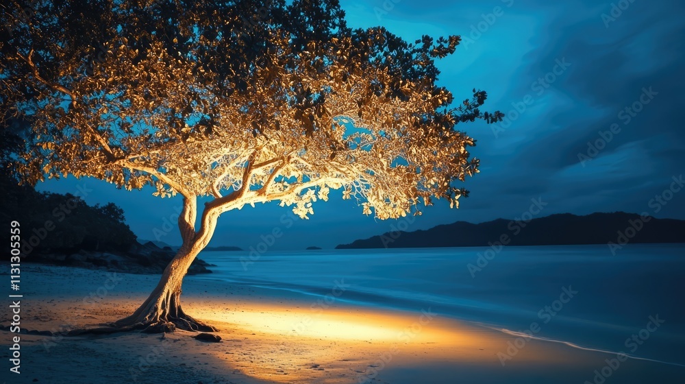 Poster serene beach at twilight showcasing a beautifully illuminated tree against a tranquil ocean backdrop