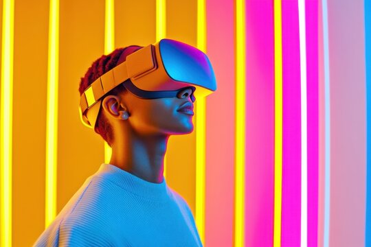 Person explores virtual reality with a glowing headset surrounded by vibrant neon graphics