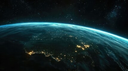 Obraz premium Earth viewed from space showcasing glowing global networks with city lights and a blue atmospheric glow against a backdrop of stars.