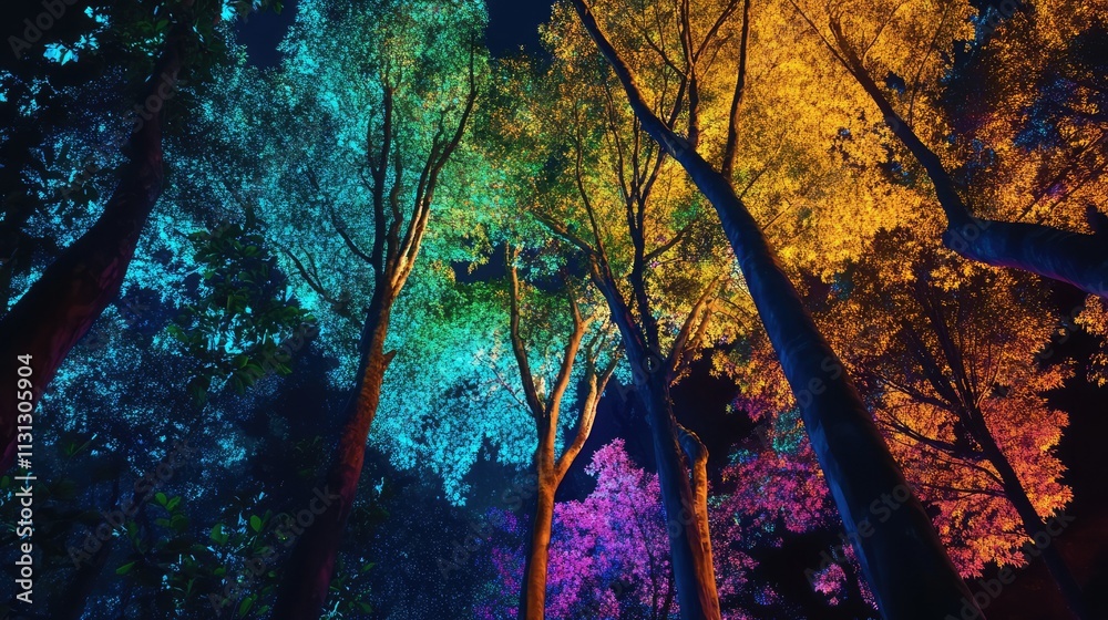 Poster vibrant illuminated trees at night showcasing a stunning display of colorful light and nature's beau