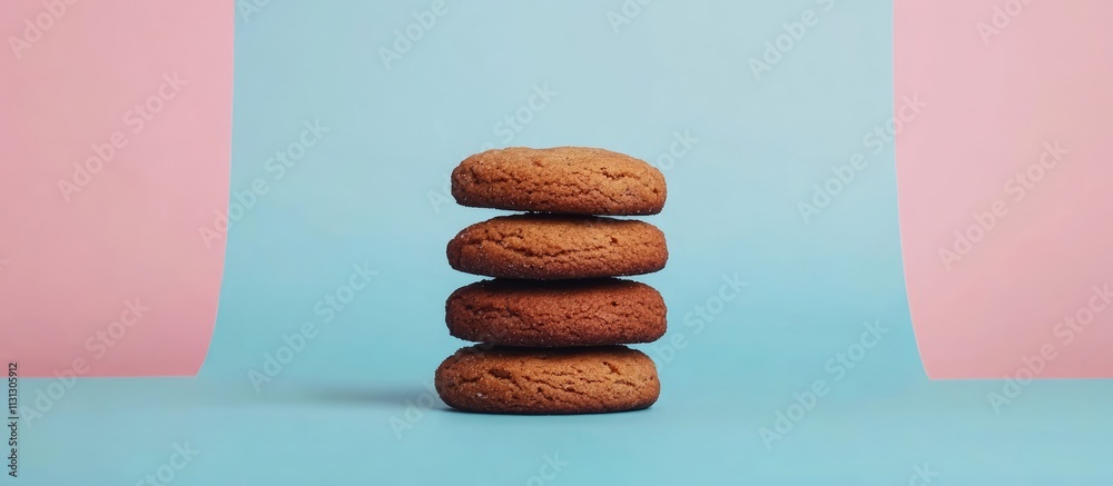 Poster minimalistic backdrop featuring stacked ginger biscuits on pastel colored background for culinary or