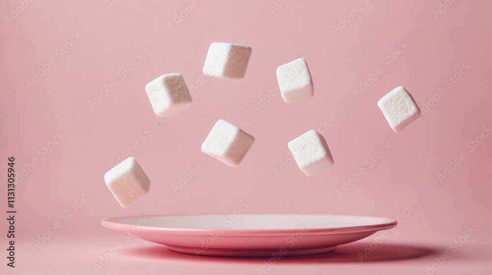 Poster Floating marshmallows above a pink plate on a soft pink background creating a whimsical and delicate dessert scene