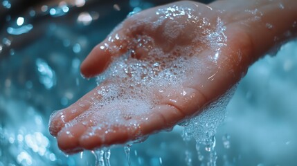 Fototapeta premium Hand sanitiser gel foaming on hand highlighting hygiene and germ-killing effectiveness in modern health practices.