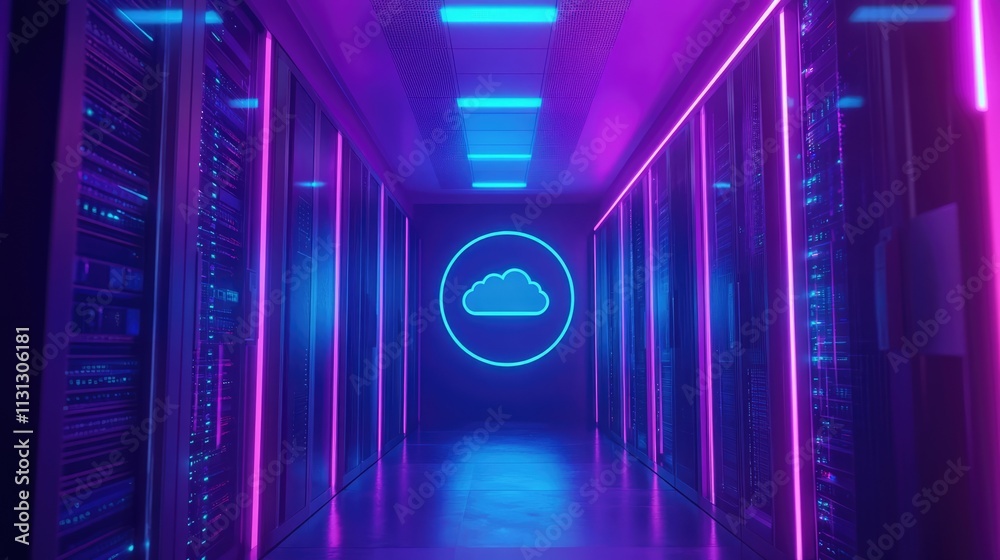 Fototapete networking and data storage technology concept featuring a glowing cloud icon in a modern server roo