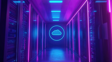Networking and data storage technology concept featuring a glowing cloud icon in a modern server room with vibrant neon lights