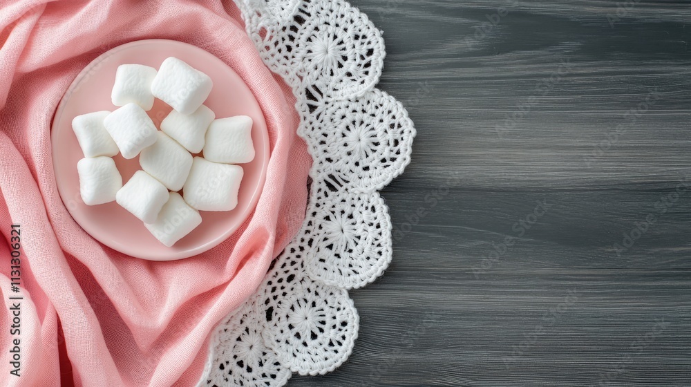 Poster marshmallows on a pink cloth with white crochet doily on a wooden table creating a cozy and inviting
