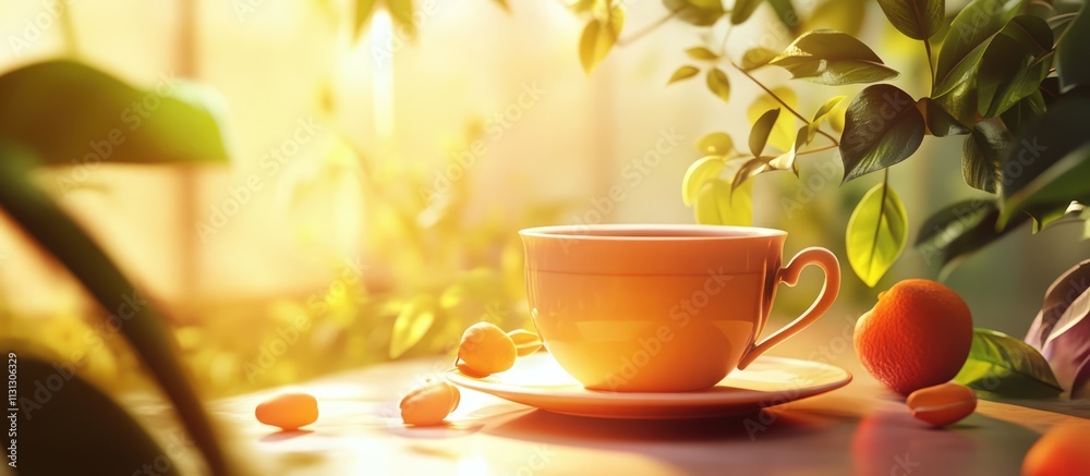 Poster serene morning coffee or tea with sunshine and greenery creating a tranquil ambiance for relaxation 