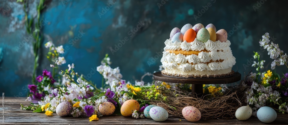 Aufkleber easter celebration with decorated cakes meringue sweets and colorful eggs surrounded by vibrant flow