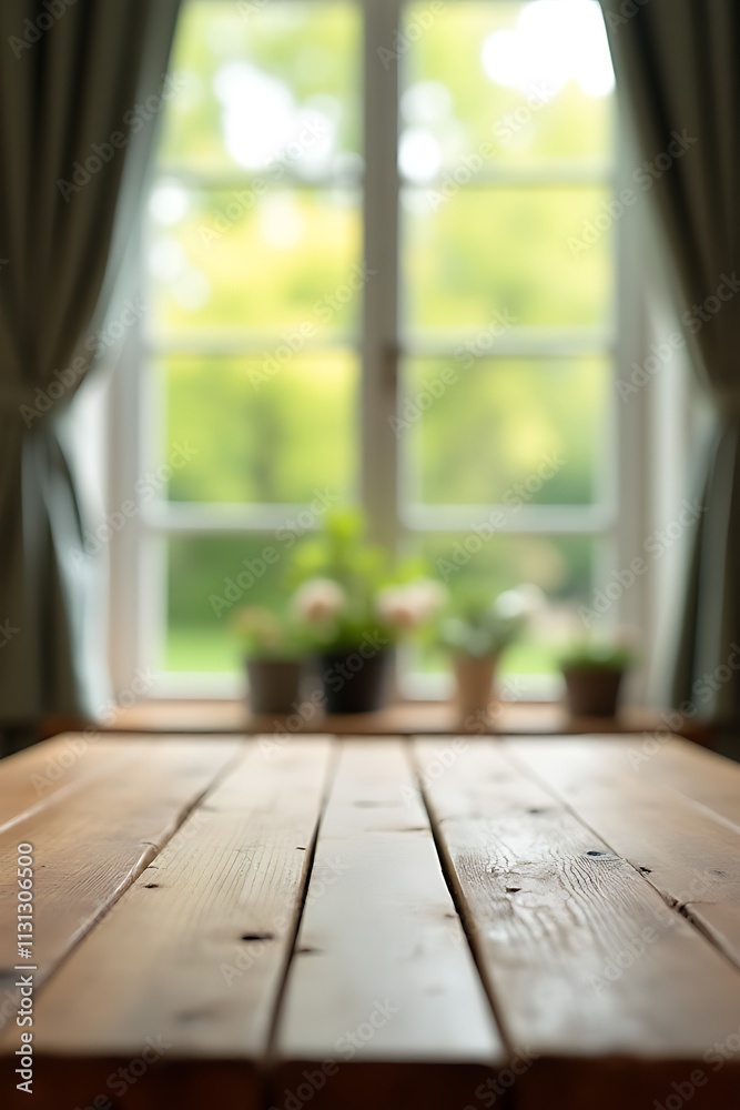 Poster a wood table top is selectively focused while a blurred curtain, window, and garden background creat