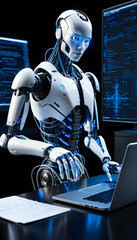 A humanoid robot sits at a desk, using a laptop and reviewing data on multiple computer screens. Its advanced mechanics are visible. Futuristic technology.