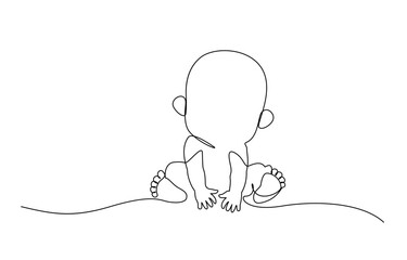 Children toy car continuous one line drawing vector illustration, Baby boy sitting in continuous line art drawing style vector illustration.