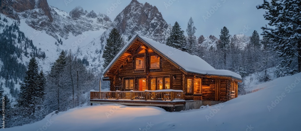 Poster cozy mountain cabin in winter surrounded by snow-covered trees and falling snowflakes creating a ser