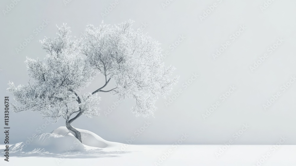 Poster Minimalist 3D Rendering of an Isolated Frosted Tree on a White Background Symbolizing Serenity and Winter Beauty