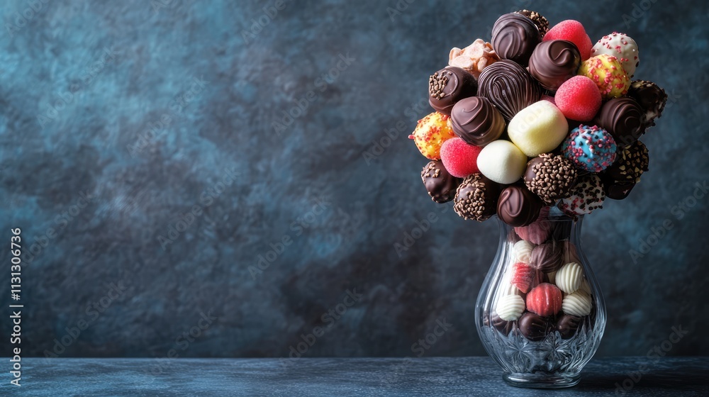 Poster bouquet of chocolate candies and marshmallows arranged in a glass vase against a textured backdrop s