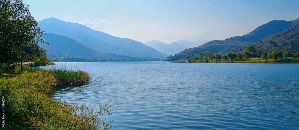 Poster serene lake nestled between majestic mountains under a clear blue sky with lush greenery along the s