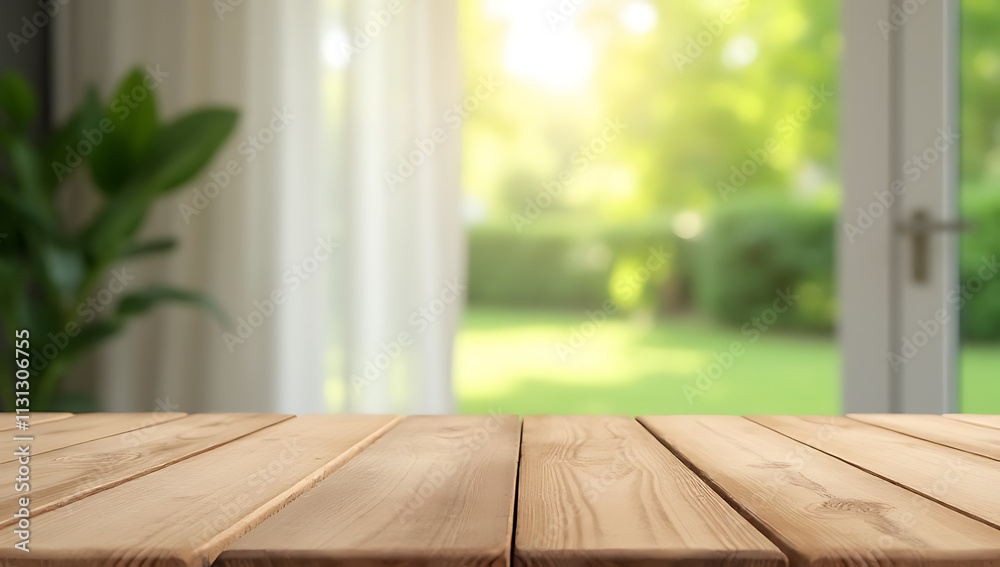 Poster a wood table top is in focus while a blurred curtain and greenery from the garden are visible in the