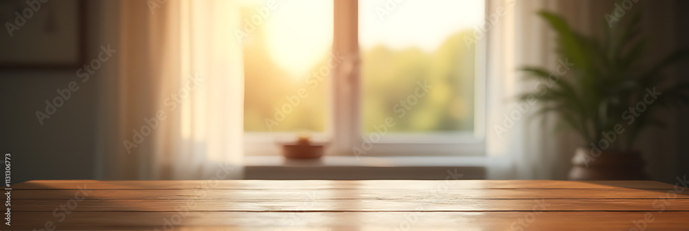 Poster A wood table sits in front of a blurred window with a partial view of a morning background and curtain._00004_