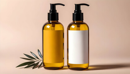 Two amber glass bottles with pump tops and blank labels sit on a pale pink background. A single olive branch rests beside them. Minimalist product display.