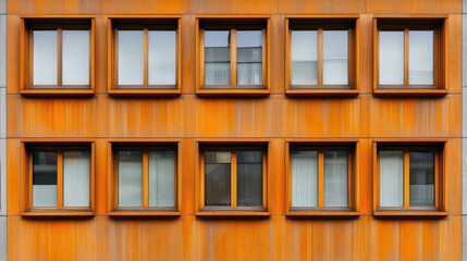 Obraz premium Facade of an industrial building with warm orange metal cladding and symmetrical windows creating a striking modern architectural design