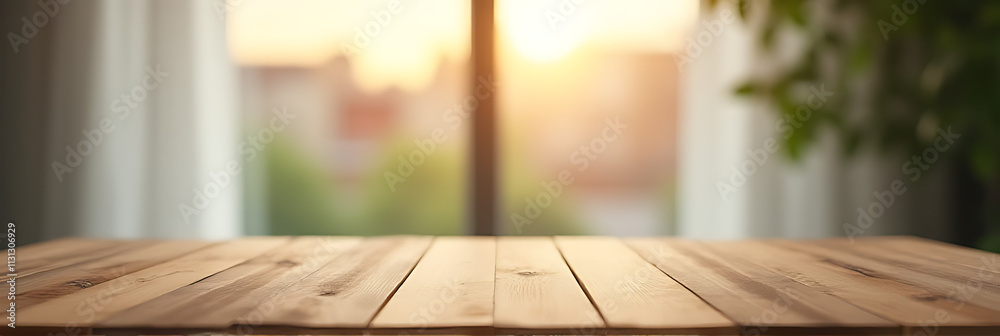 Poster A wood table sits in front of a blurred window with a partial view of a morning background and curtain._00002_
