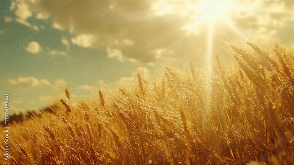 Poster golden wheat field under sunlight with clouds showcasing a serene rural summer landscape in a panora