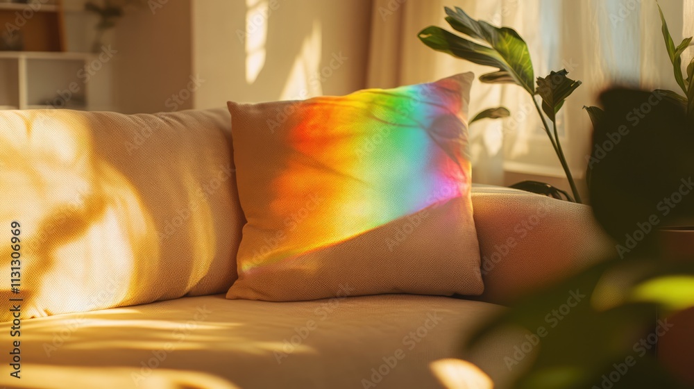 Poster Rainbow light reflection on a beige cushion in a bright living room creating a warm and inviting atmosphere with soft shadows and greenery