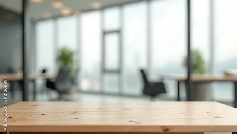 Poster a wood table sits atop a blurred white glass window backdrop in an office setting used for product d