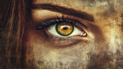 Naklejka premium Intense close-up of a woman's eye symbolizing security and surveillance with a textured background emphasizing focus and vigilance.