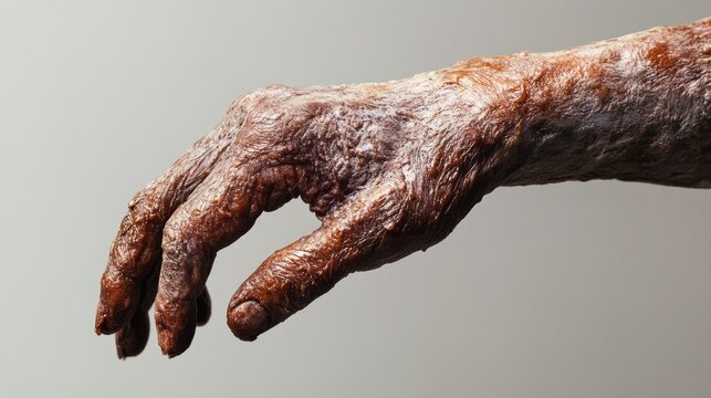 Hand exhibiting severe symptoms of leprosy showcasing lesions and skin changes on a textured surface in a clinical context.